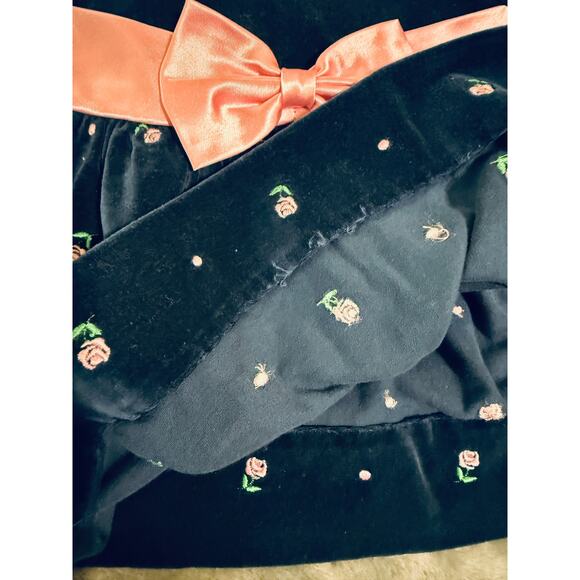 Vintage Velvet Dress Satin Bows Embroidered Rose Accents Lace Puff‎ Sleeve 12M - Picture 7 of 10